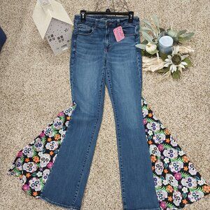 3437 Size 10 Upcycled American Eagle Bell-Bottom Jeans In Sugan Sculls Print.